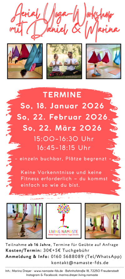 Workshop Aerial Yoga 1. Quartal 2026 Yoga Freudenstadt; Aerial Yoga, Marina Dreyer