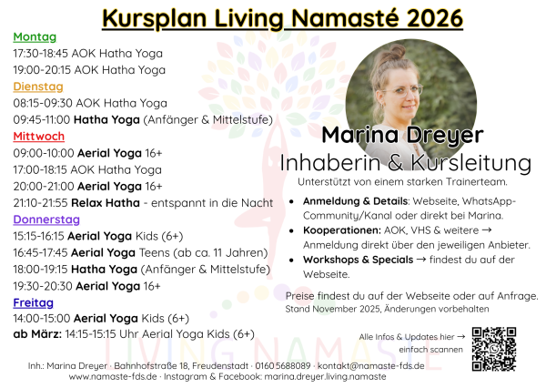 Kursplan Living Namaste 2026 Kursplan Living Namaste, Yoga Freudenstadt, Marina Dreyer, Daniel Dreyer